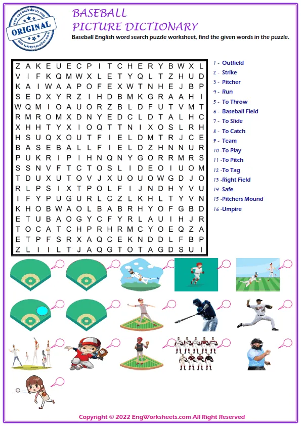 Baseball English word search puzzle worksheet, find the given words in the puzzle.