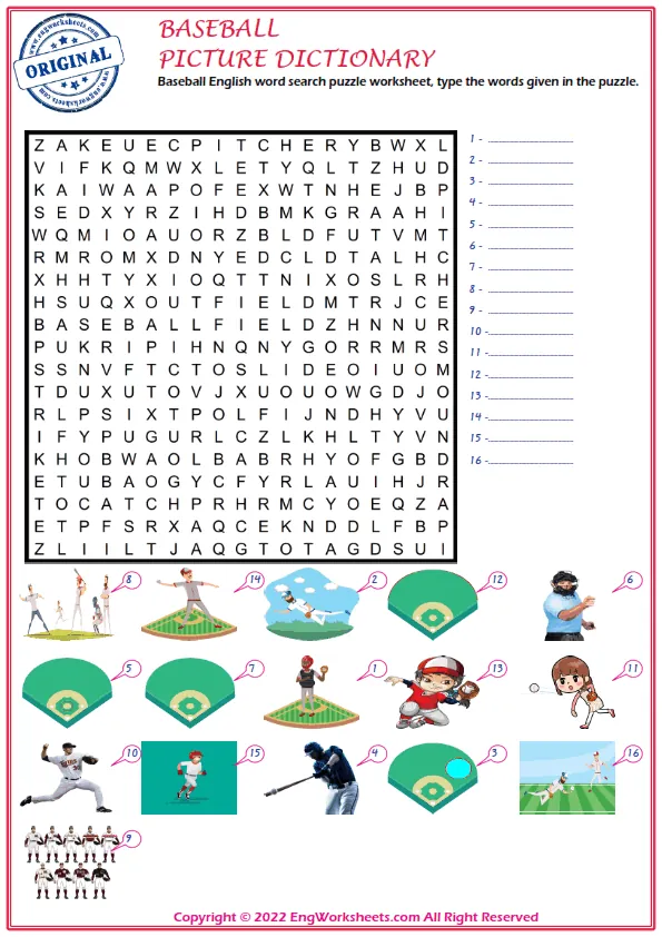 Baseball English word search puzzle worksheet, type the words given in the puzzle.