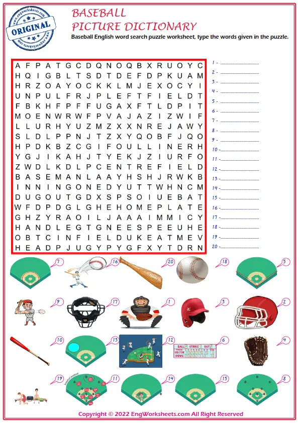 Baseball English word search puzzle worksheet, type the words given in the puzzle.