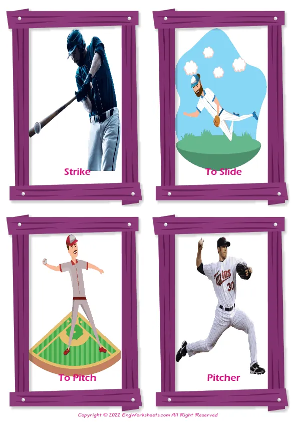 Baseball vocabulary worksheet with words, four images per page