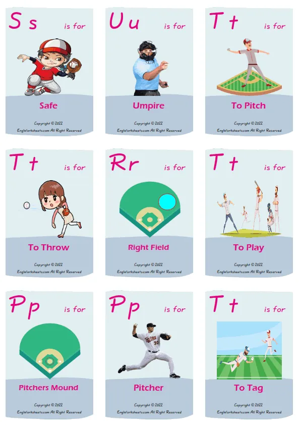Baseball vocabulary worksheet with words, nine images per page