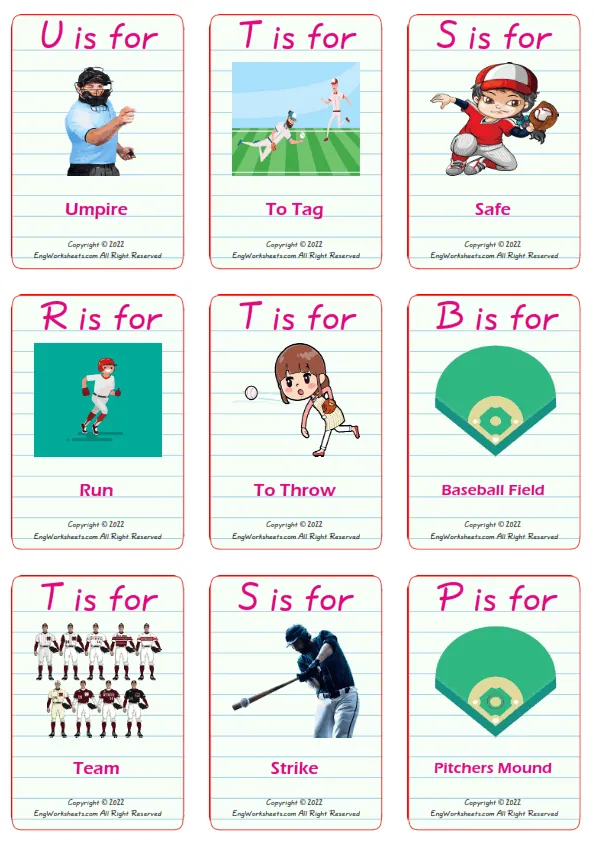 Baseball vocabulary worksheet with words, nine images per page