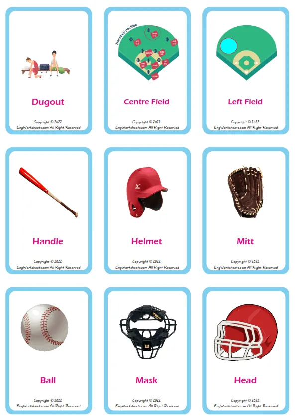 Baseball vocabulary worksheet with words, nine images per page