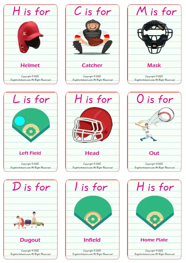Baseball vocabulary worksheet with words, nine images per page