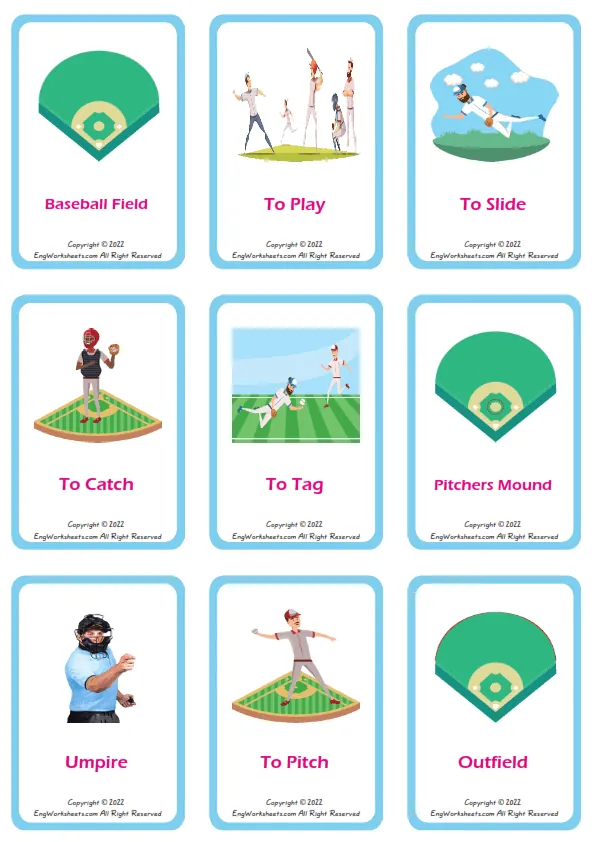Baseball vocabulary worksheet with words, nine images per page