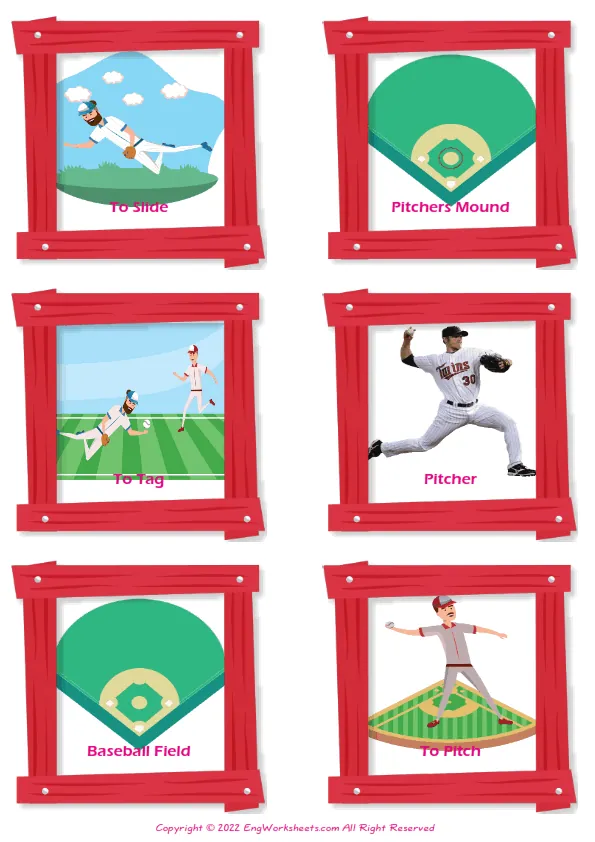 Baseball vocabulary worksheet with words, six images per page