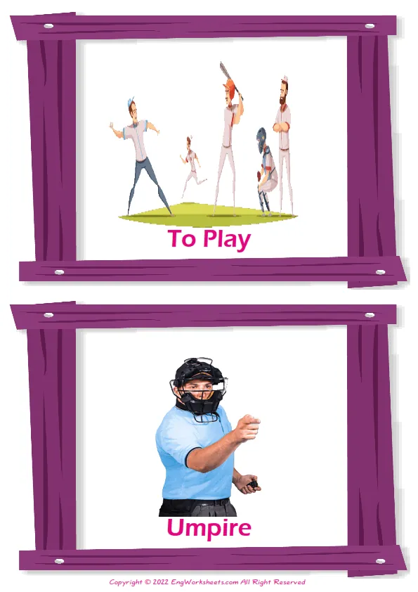 Baseball vocabulary worksheet with words, two images per page