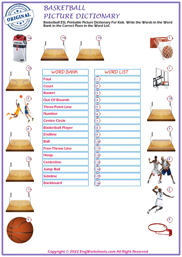 Basketball ESL Printable Picture Dictionary For Kids. Write the Words in the Word Bank in the Correct Place in the Word List.