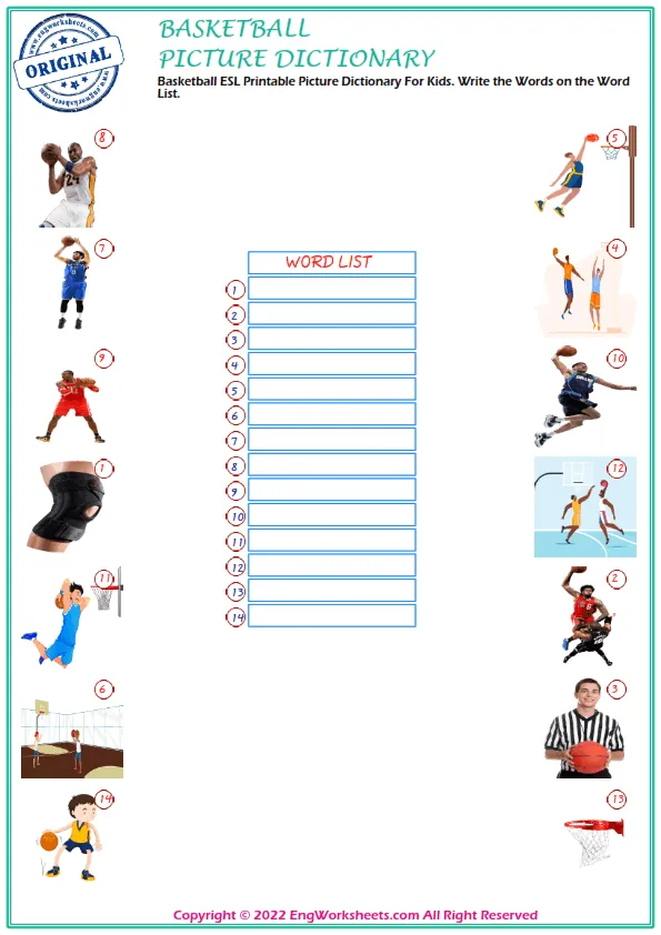 Basketball ESL Printable Picture Dictionary For Kids. Write the Words on the Word List.