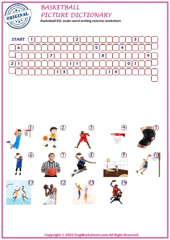 Basketball ESL snake word writing exercise worksheet.