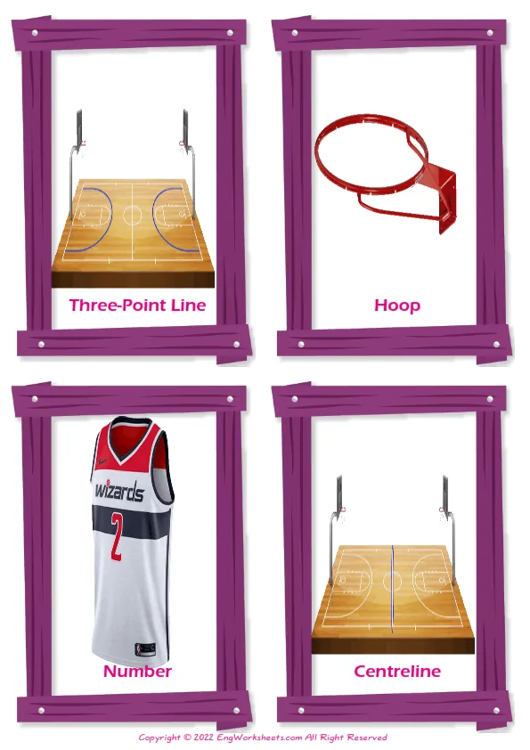 Basketball vocabulary worksheet with words, four images per page