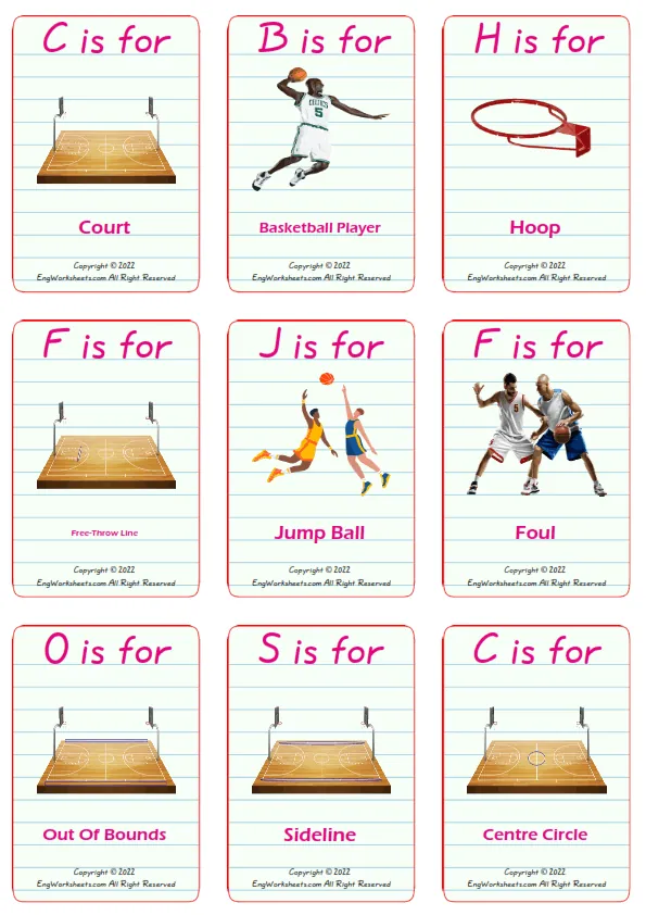 Basketball vocabulary worksheet with words, nine images per page
