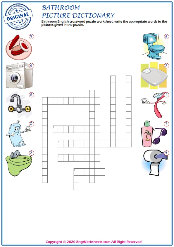 Bathroom English crossword puzzle worksheet, write the appropriate words to the pictures given in the puzzle.