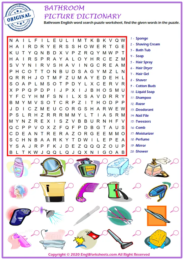 Bathroom English word search puzzle worksheet, find the given words in the puzzle.