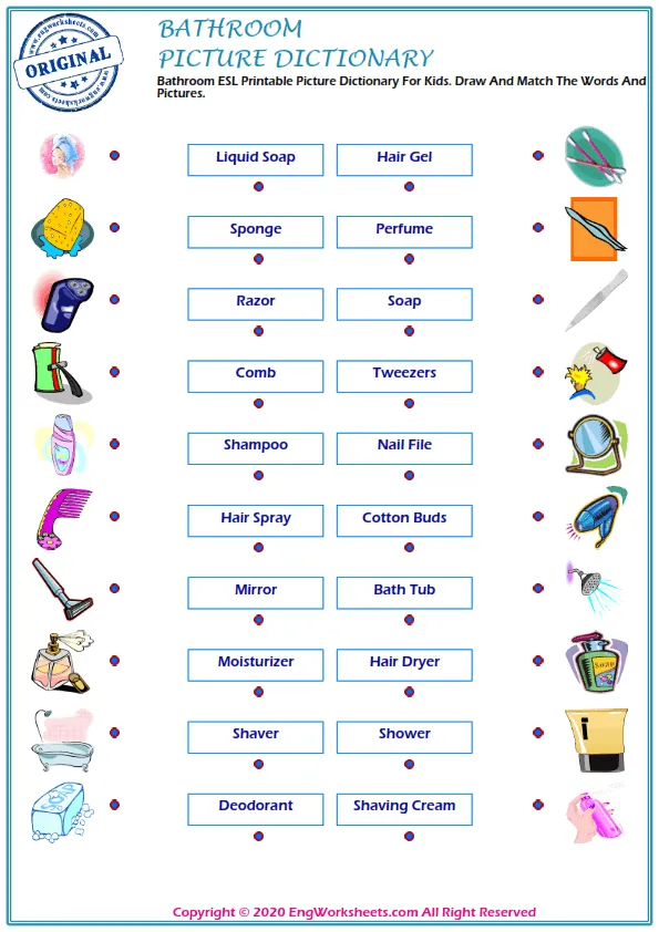 Bathroom ESL Printable Picture Dictionary For Kids. Draw And Match The Words And Pictures.