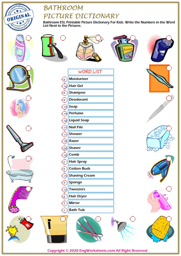 Bathroom ESL Printable Picture Dictionary For Kids. Write the Numbers in the Word List Next to the Pictures.