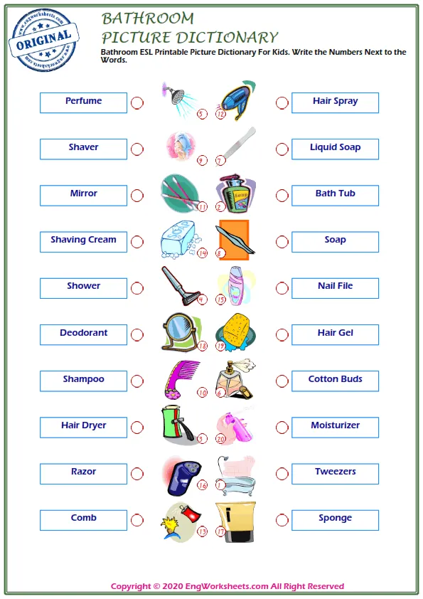 Bathroom ESL Printable Picture Dictionary For Kids. Write the Numbers Next to the Words.