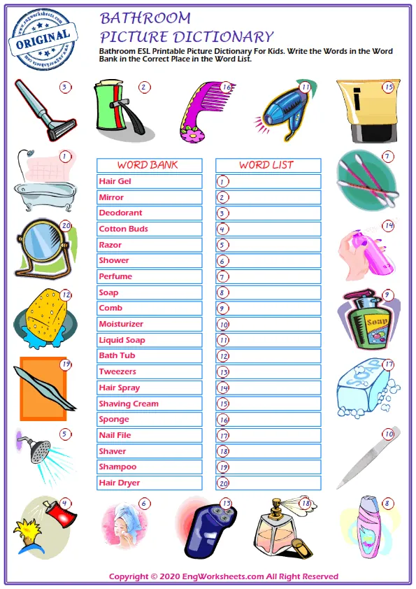 Bathroom ESL Printable Picture Dictionary For Kids. Write the Words in the Word Bank in the Correct Place in the Word List.