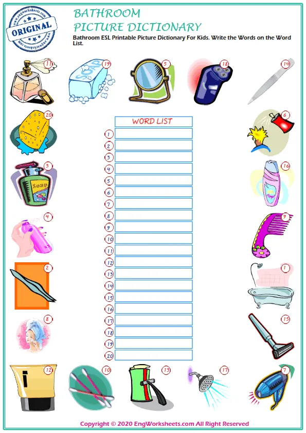 Bathroom ESL Printable Picture Dictionary For Kids. Write the Words on the Word List.