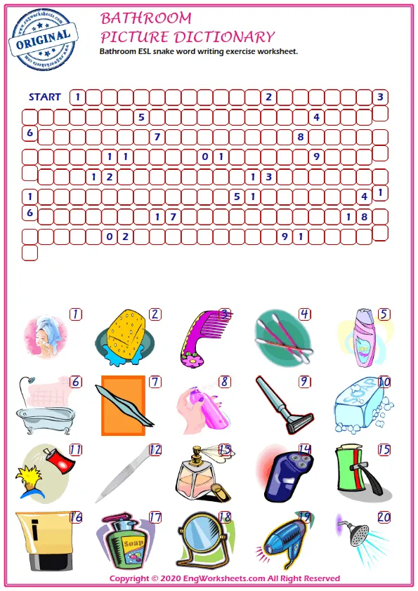 Bathroom ESL snake word writing exercise worksheet.