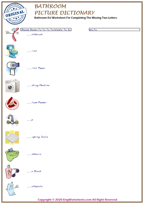 Bathroom Esl Worksheet For Completing The Missing Two Letters.