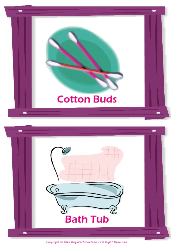Bathroom vocabulary worksheet with words, two images per page