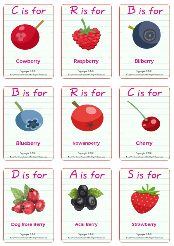 Berries Types vocabulary worksheet with words, nine images per page