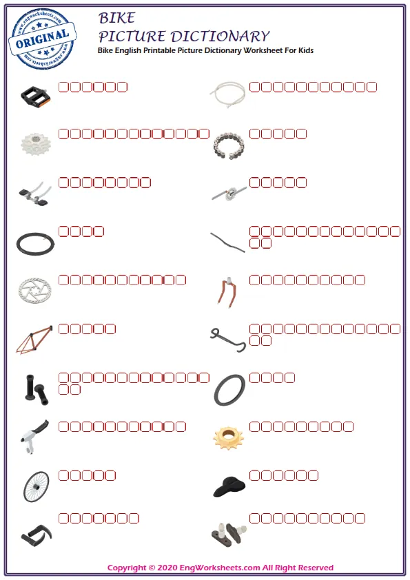 Bike English Printable Picture Dictionary Worksheet For Kids