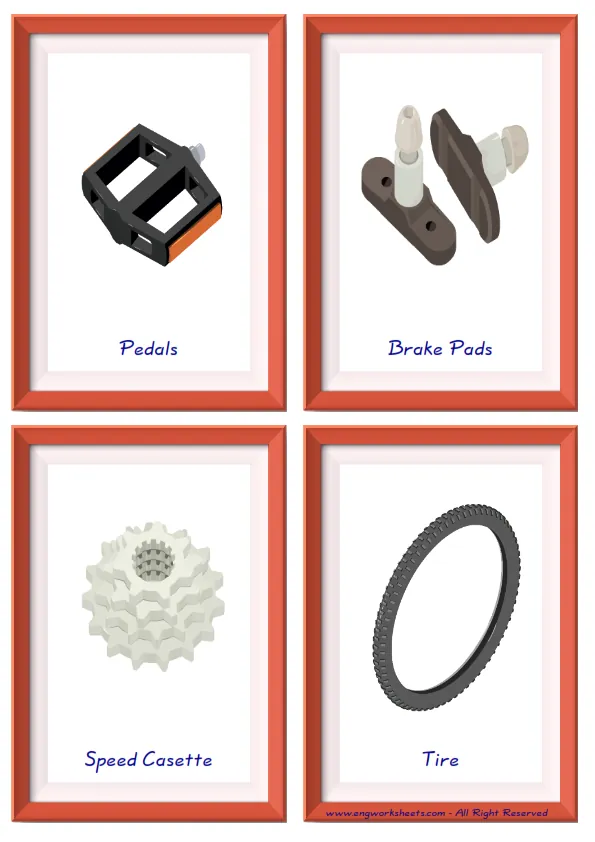 Quarter page ESL Flashcard together with words containing Bike picture for kids and teachers.