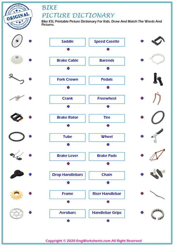 Bike ESL Printable Picture Dictionary For Kids. Draw And Match The Words And Pictures.