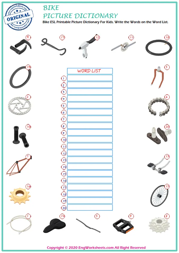 Bike ESL Printable Picture Dictionary For Kids. Write the Words on the Word List.