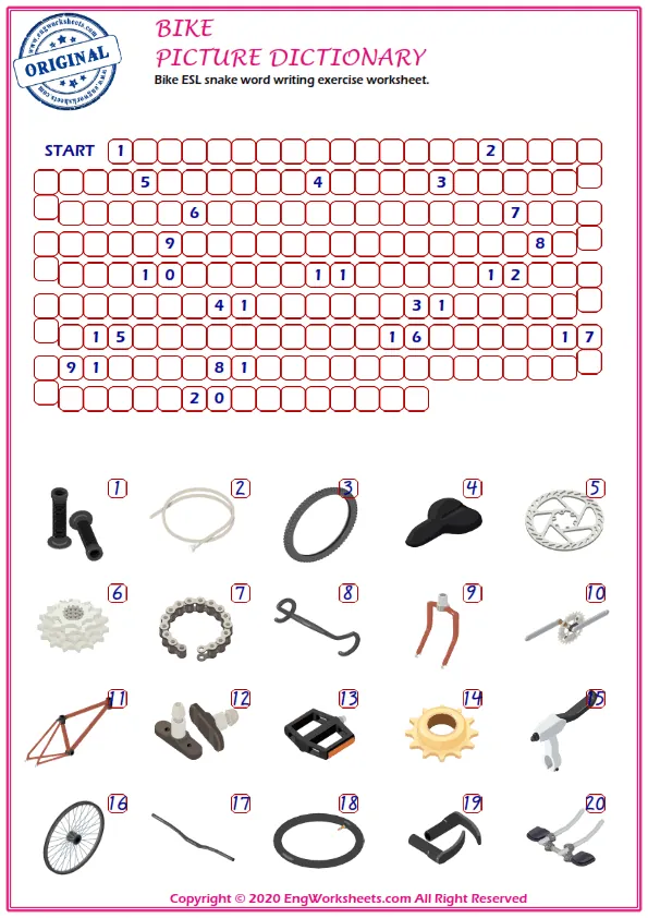 Bike ESL snake word writing exercise worksheet.
