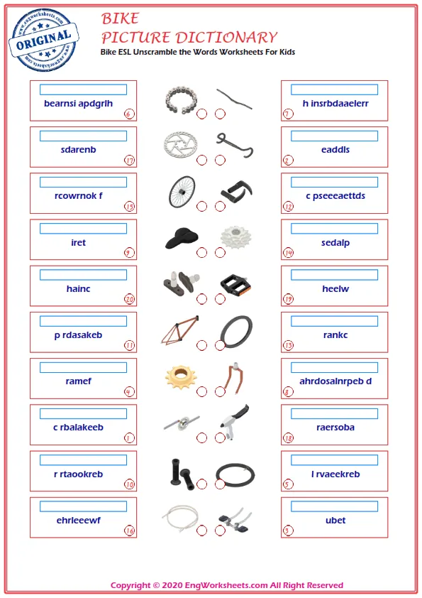 Bike ESL Unscramble the Words Worksheets For Kids