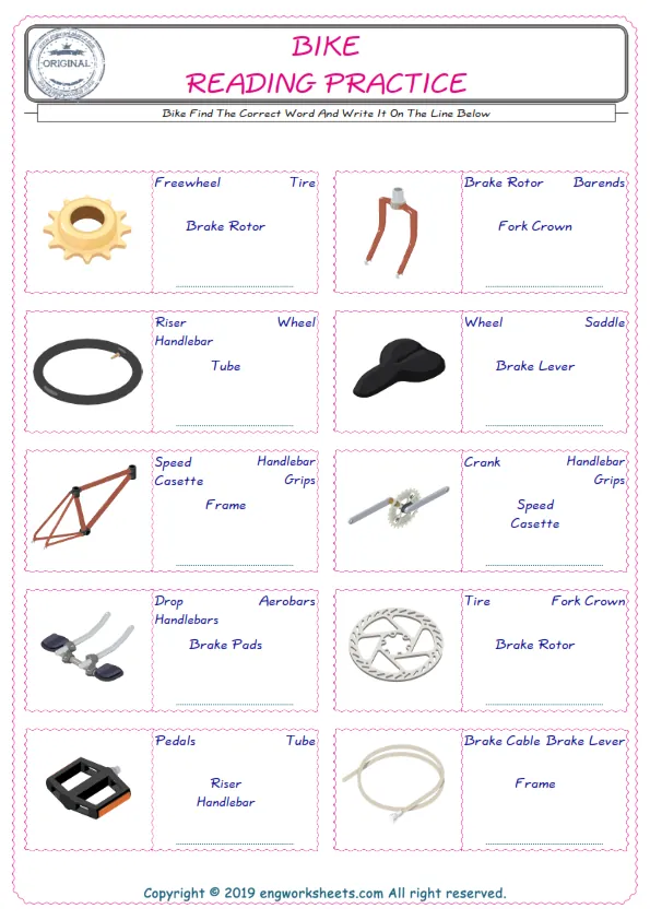 Check the picture of the Bike for kids ESL worksheet for supplying the correct one among four words into the blank place.