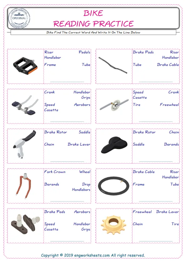 Check the picture of the Bike for kids ESL worksheet for supplying the correct one among three words into the blank place.