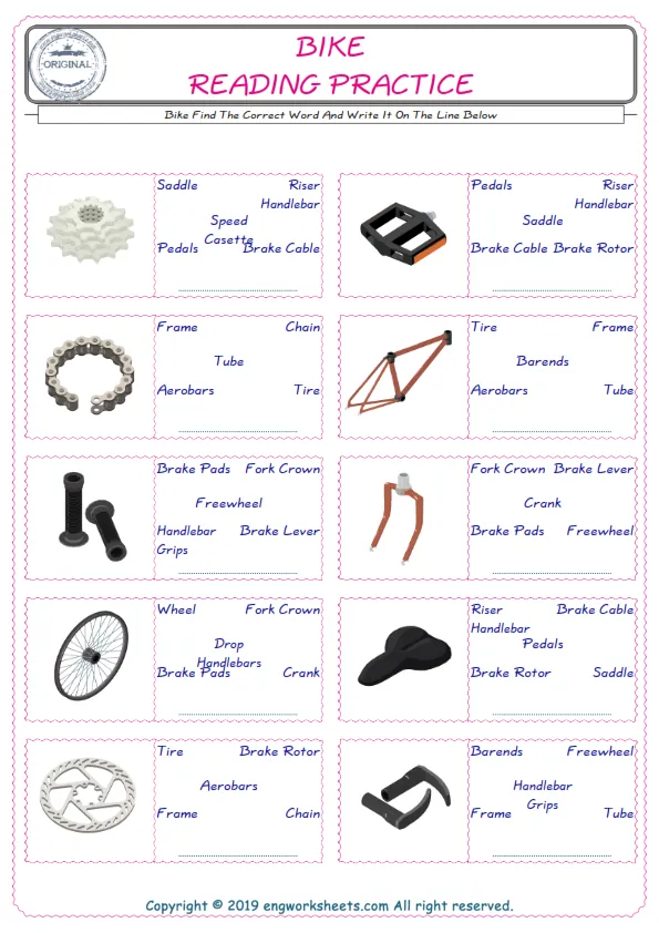 Check the picture of the Bike for kids ESL worksheet for supplying the correct one among five words into the blank place.