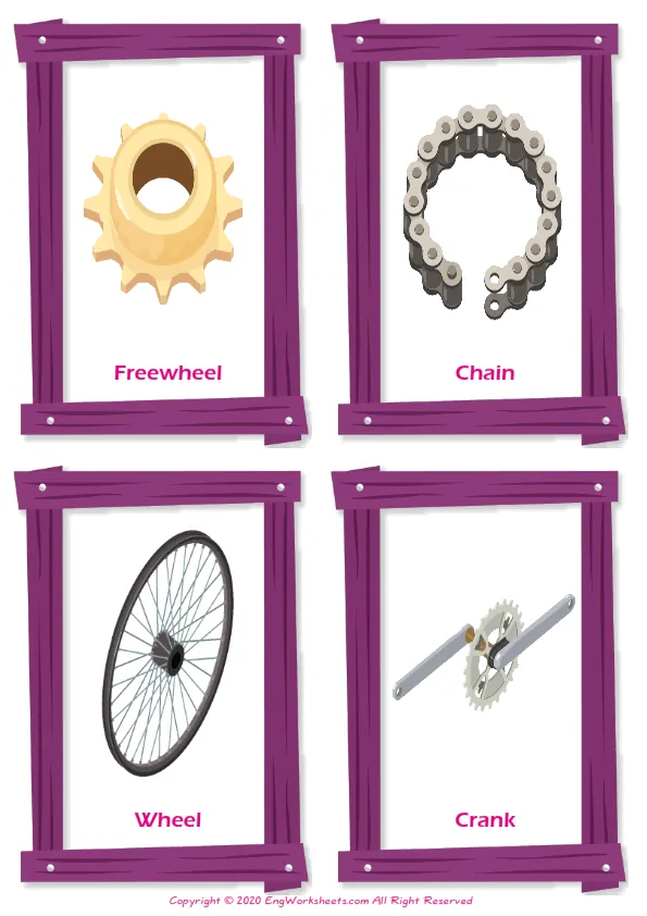Bike vocabulary worksheet with words, four images per page