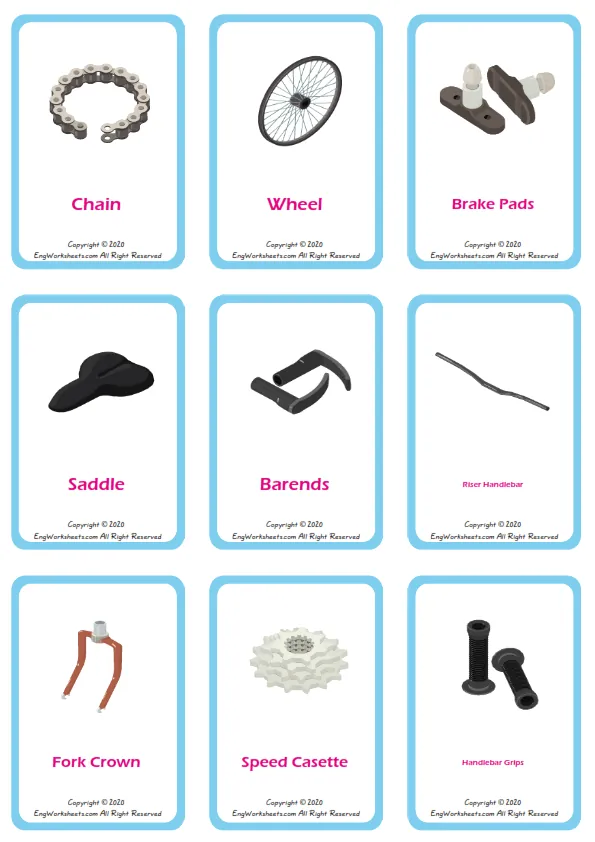 Bike vocabulary worksheet with words, nine images per page