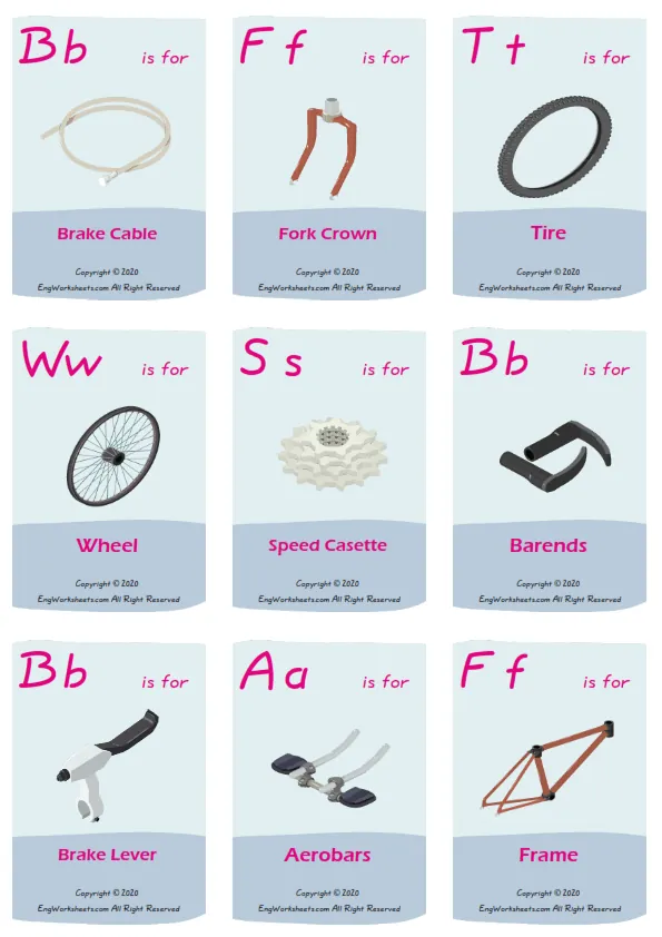Bike vocabulary worksheet with words, nine images per page
