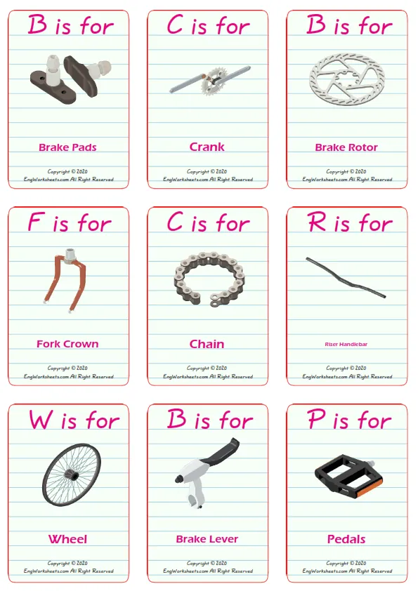 Bike vocabulary worksheet with words, nine images per page