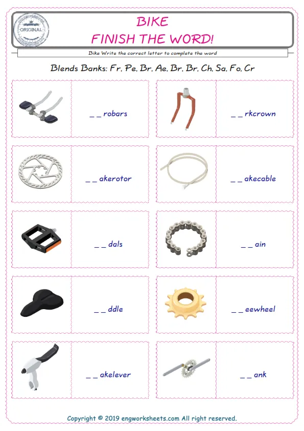 For kids, the Bike English worksheet for supplying into the correct blank place given letters special to the Bike Words.