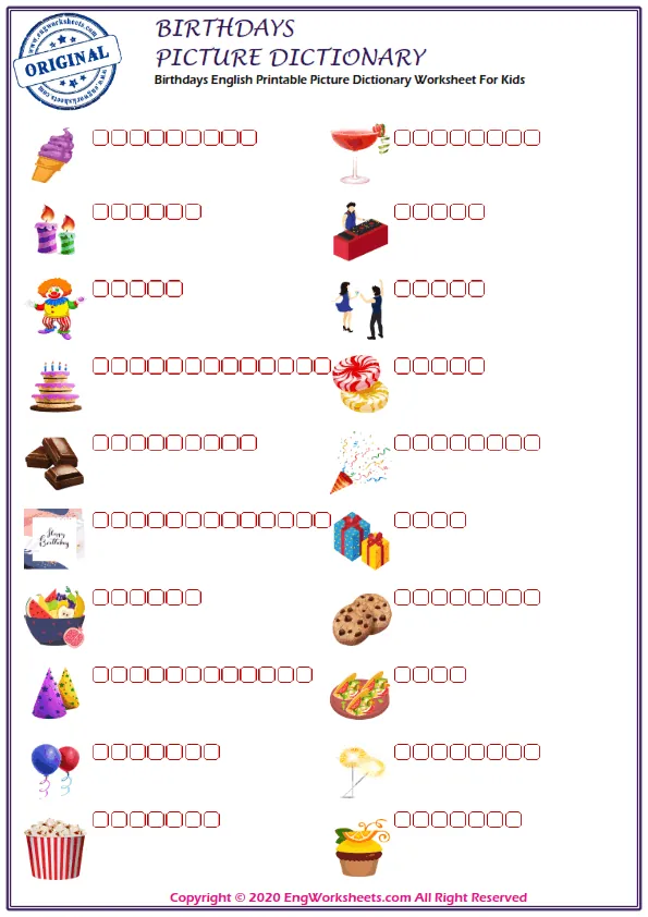 Birthdays English Printable Picture Dictionary Worksheet For Kids