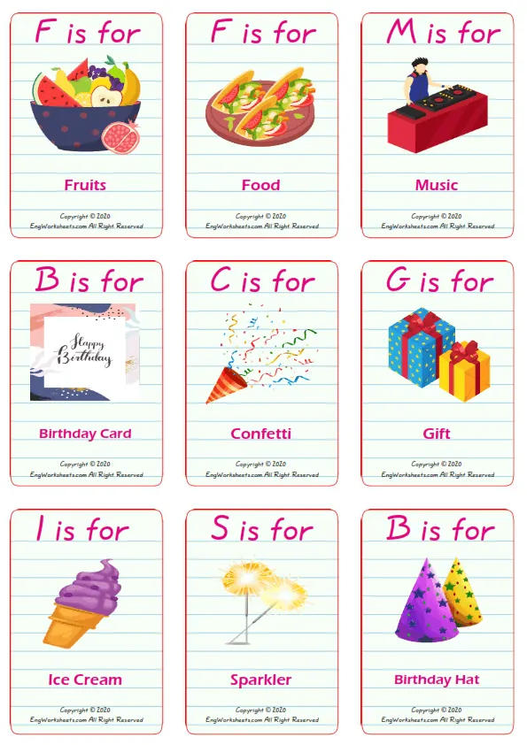 Birthdays vocabulary worksheet with words, nine images per page