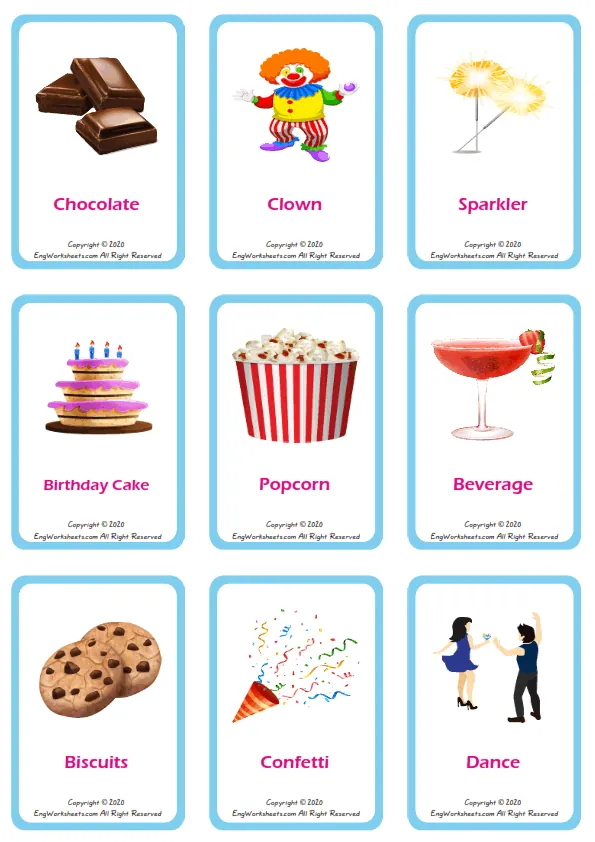 Birthdays vocabulary worksheet with words, nine images per page