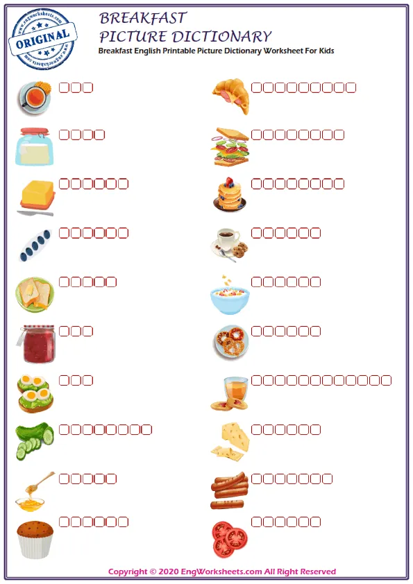 Breakfast English Printable Picture Dictionary Worksheet For Kids