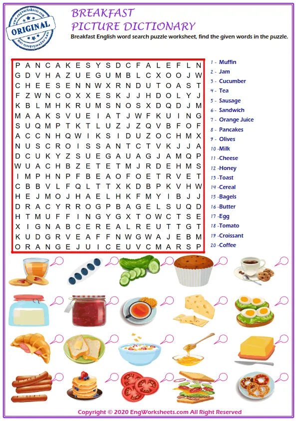 Breakfast English word search puzzle worksheet, find the given words in the puzzle.