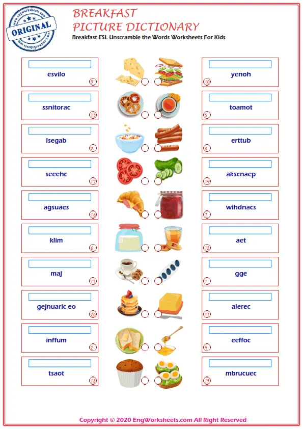 Breakfast ESL Unscramble the Words Worksheets For Kids