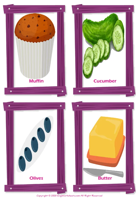 Breakfast vocabulary worksheet with words, four images per page