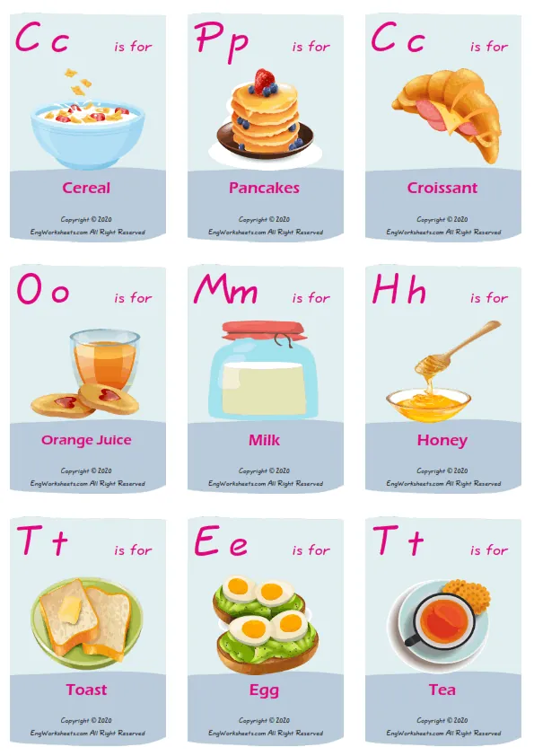 Breakfast vocabulary worksheet with words, nine images per page