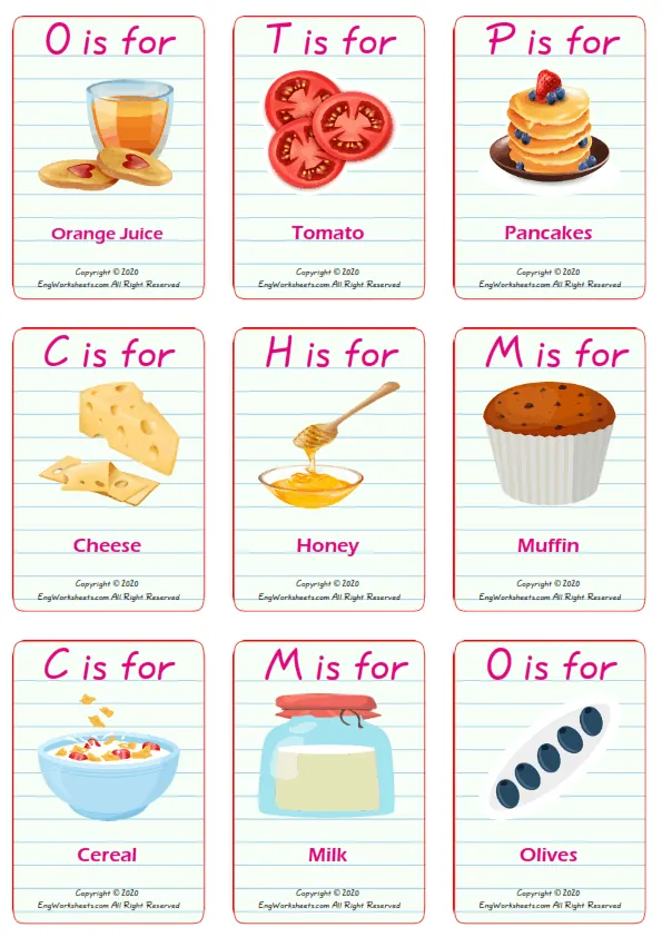 Breakfast vocabulary worksheet with words, nine images per page